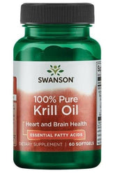 Swanson 100% Pure Krill Oil bottle for heart and brain health, 60 softgels, rich in omega-3 fatty acids.